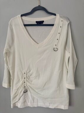 Ruby Cho V-Neck Long Sleeve Blouse with D-Ring Accents and Sculptural Ruching